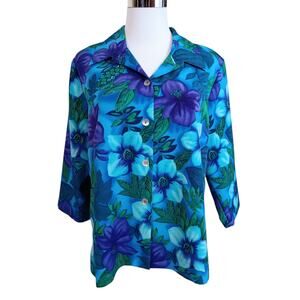 Vintage Worthington Tropical Top Blouse 14 Petite Floral Hibiscus Flowers Travel